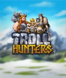 Изображение слота "Troll Hunters" от Play'N Go, на котором представлены три викинга: две женщины и один мужчина, одетые в традиционные викингские доспехи. На фоне виднеются заснеженные горы, что создаёт атмосферу северных легенд. Этот слот идеален для любителей скандинавской культуры и поисков приключений.